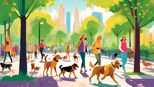 Create an image of a bustling city park where happy dogs appear to be walking themselves with invisible leashes, guided by cheerful pet owners who seem to hold nothing in their hands. The dogs are of 