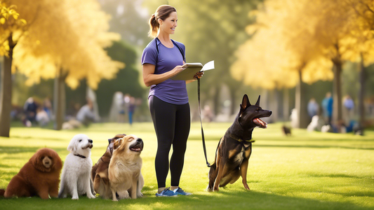 Create an image of a skilled dog trainer working patiently with a reactive dog in a peaceful park setting. The trainer is using positive reinforcement techniques, such as treats and praise, to help th