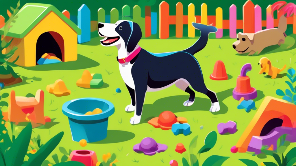 A cute dog enthusiastically playing with colorful digging toys in a lush backyard. Various digging toys, like interactive dig pits, treat-dispensing digging mats, and durable digging boxes, are scatte