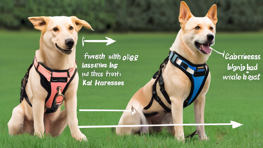 An illustrated guide comparing front clip vs. back clip dog harnesses. The image displays two dogs, each wearing a different type of harness, with labeled arrows pointing to the front clip on one dog 