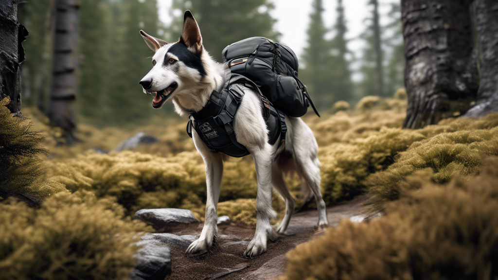 A high-resolution, detailed image of a rugged outdoor setting, perhaps in a mountainous region or dense forest. A well-equipped hiker is enthusiastically exploring the terrain with their adventurous c