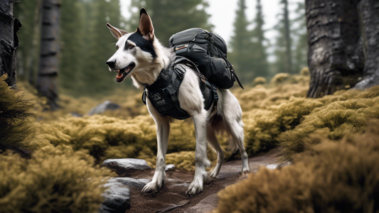 A high-resolution, detailed image of a rugged outdoor setting, perhaps in a mountainous region or dense forest. A well-equipped hiker is enthusiastically exploring the terrain with their adventurous c