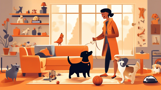 Create an image featuring a cozy, well-organized living room with a friendly dog trainer showing a happy dog owner some effective training techniques. The scene includes a playful dog performing a tri