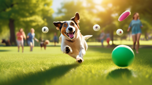 Create an image showing a playful scene in a sunny park, with a person using a Chuckit stick to throw a ball for their enthusiastic dog. The dog is mid-air, eyes focused on the airborne ball, capturin