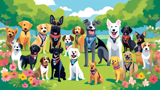 Create an image of a diverse group of dogs wearing different styles of martingale dog harnesses while happily walking in a picturesque park setting. Each dog breed is represented, from small terriers 