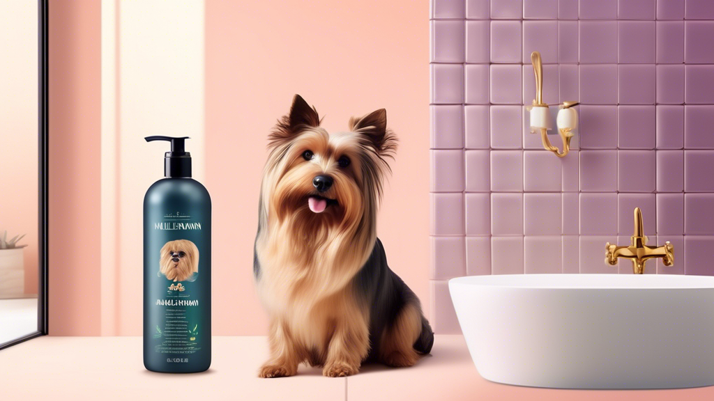 Create an image of a beautifully groomed dog with a shiny coat, standing next to a bottle of Melanie Newman Premium Dog Shampoo. The background shows a cozy, elegant bathroom setting with soft lightin