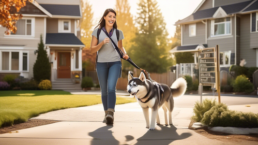 A cozy suburban neighborhood with a cheerful woman walking a well-behaved husky on a leash. In the background, a professional dog trainer can be seen working with another husky in a training area, com