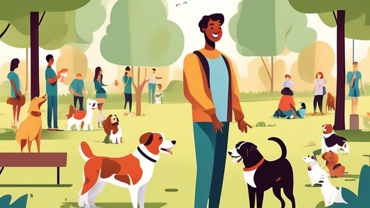 An image of a happy pet owner in a picturesque park, attentively watching a professional dog trainer teaching a well-behaved dog to sit and stay. The background showcases a variety of cheerful, well-b