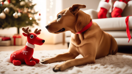 Create an image depicting a dog playfully interacting with a festive Rudolph-inspired dog toy. The toy should be a soft, plush reindeer with a bright red nose and possibly some jingle bells. The backg