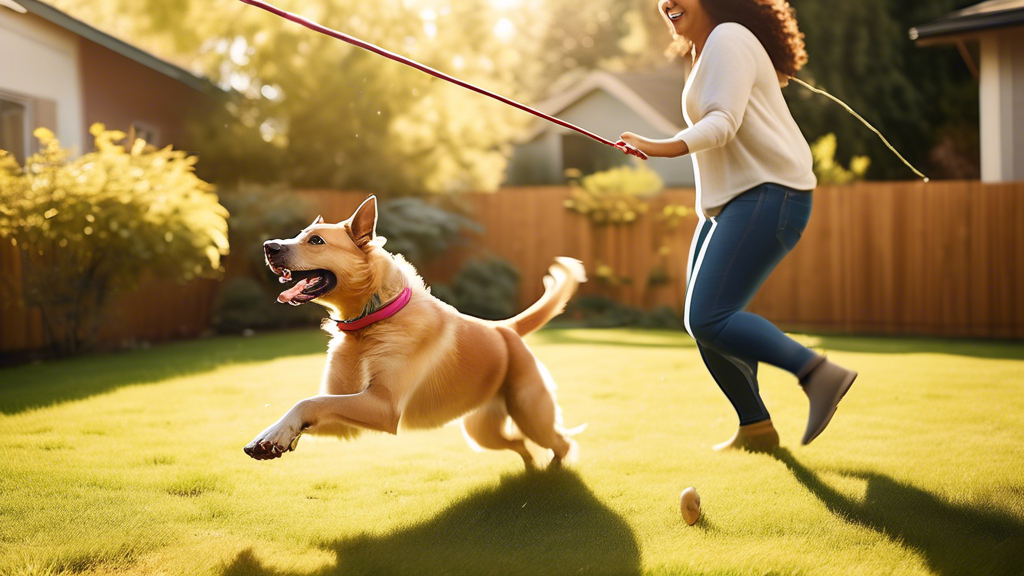 Create an image of a large, energetic dog joyfully playing with a flirt pole in a spacious, sunny backyard. The flirt pole, a long stick with a rope and a toy attached to the end, is being swung aroun