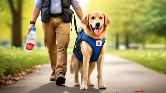 Create an image of a friendly and well-groomed service dog wearing a vest with multiple useful pockets. The dog is assisting its owner by carrying various items, such as a water bottle, a first aid ki
