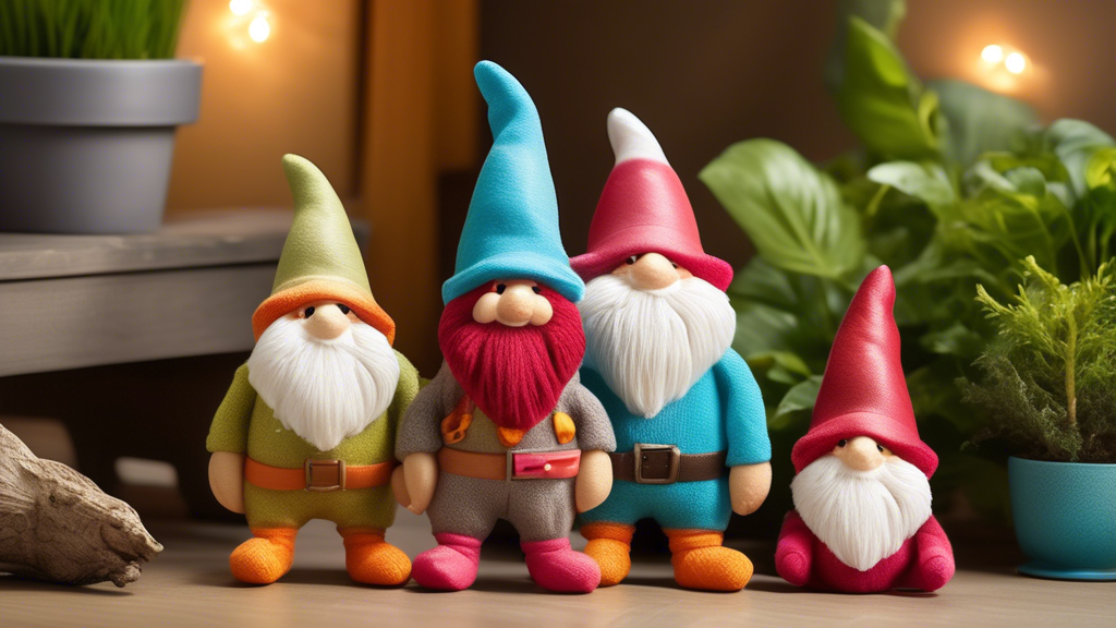 Create a vibrant and whimsical image of adorable gnome-themed dog toys. Show a variety of gnome toys in different colors and sizes, some with playful expressions and quirky accessories like hats and b
