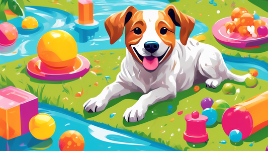 Create an image of a happy dog playing in a sunny backyard with a selection of colorful freezable dog toys, shaped like bones, balls, and various animals, filled with ice and water for cooling fun. Th
