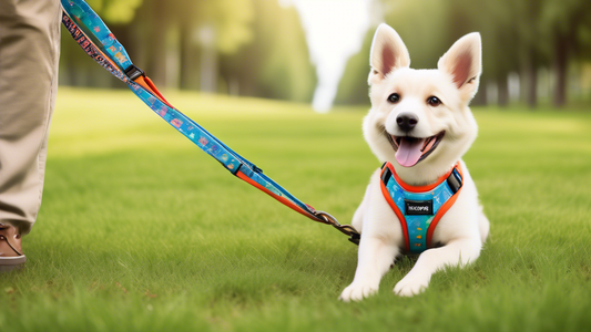 Create an image showcasing a cheerful dog wearing a stylish, comfortable, and easy-to-use Fuzzyard Step-In Harness. The background should depict a sunny park setting with green grass, trees, and a cle