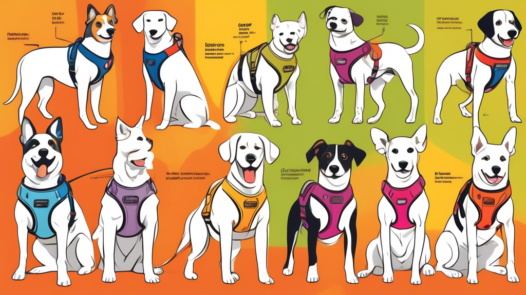 A detailed illustration of various dogs wearing different styles of easy walk harnesses, each labeled with key features like adjustable straps, padded chest, and quick-release buckles, set in a bright