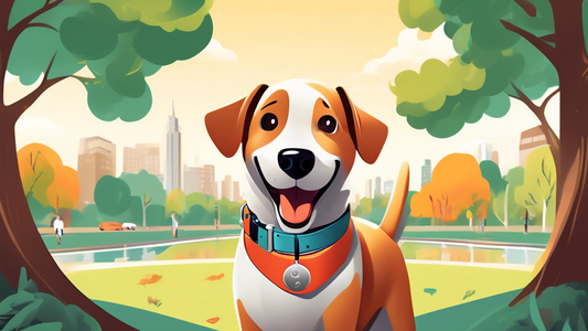 Create an image of a happy dog wearing a stylish collar equipped with a secure AirTag holder, set against a safe and scenic park background. The dog is actively playing and exploring, while the AirTag