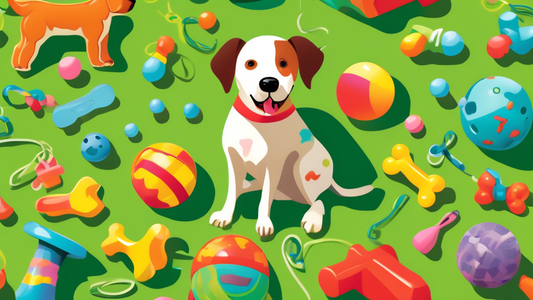 Create an image of a playful, energetic dog surrounded by a variety of top-rated dog toys, including ropes, squeaky toys, balls, and interactive puzzle games, in a lush green park setting on a sunny d