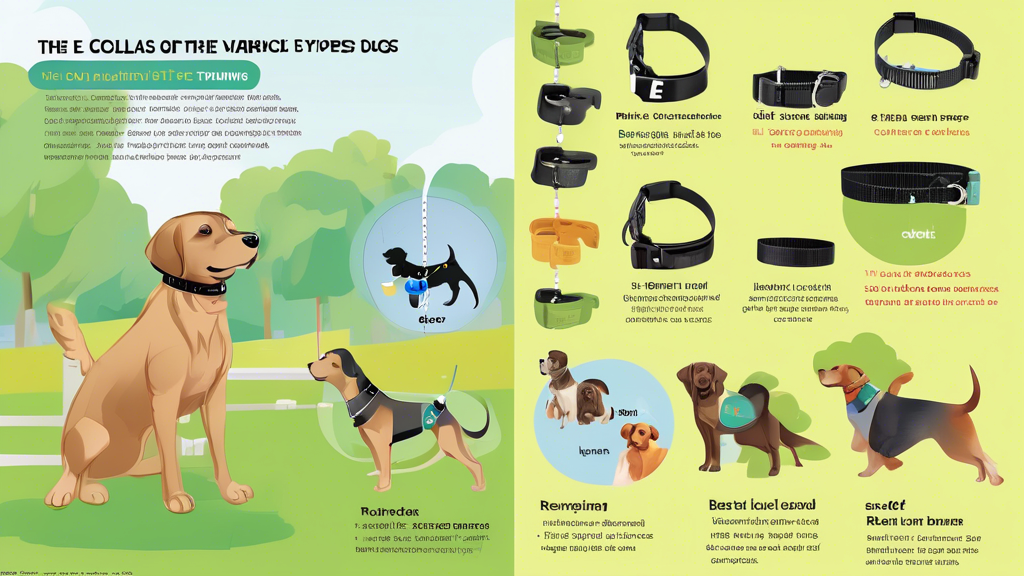 An informative chart showing the various types of E-collars (electronic collars) for dogs, with captions highlighting their benefits, typical uses, and best practices for humane and effective training