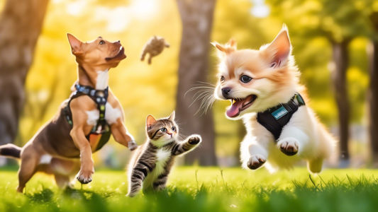 An adorable dog and a playful cat, both wearing comfortable freedom harnesses, exploring a scenic park with their owner. The dog is jumping through the grass, and the cat is curiously climbing a tree.
