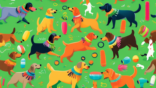 A joyful illustration of various dogs playing with brightly colored fringe toys in a green park, with each dog engaging in a different unique activity. One dog might be playing tug-of-war with its own