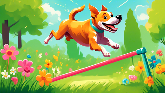 Create an image of a playful dog enthusiastically jumping and tugging on a spring pole in a sunny, green backyard. The dog, a happy and energetic breed, is mid-air, gripping the toy with its teeth, wh