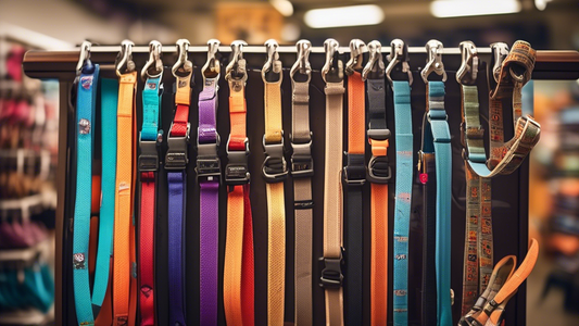 Create an image that shows a variety of durable dog leashes in different styles, lengths, and colors hanging on a display rack in a pet store. The background should feature aisles of pet supplies, whi