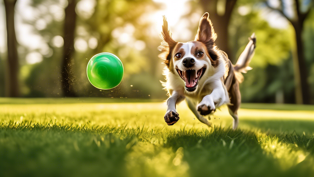 A joyful dog bounding through a sunlit park with a vibrant green Chuckit Ball in its mouth, tail wagging energetically. Beside the dog, a happy owner ready to toss another ball from a Chuckit launcher