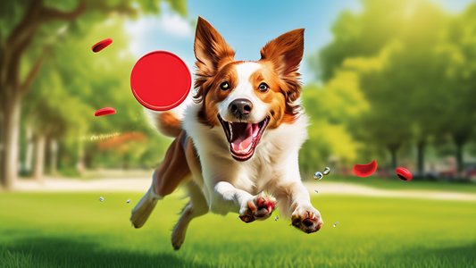 Create an image of a happy, playful dog outdoors in a sunny park, joyfully catching a bright red Kong Flyer frisbee in mid-air. The dog should appear energetic and thrilled, with a vibrant background 