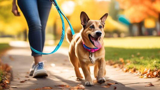 Create an image of a happy dog walking in a park with a colorful, durable chewy dog leash. The leash should be made from a safe, flexible material that dogs can comfortably chew on. Include elements t