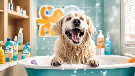 Create an image showing a happy dog covered in soap suds and being washed with a large gallon-sized bottle of shampoo. The setting is a bright, cheerful bathroom, with a well-organized shelf displayin