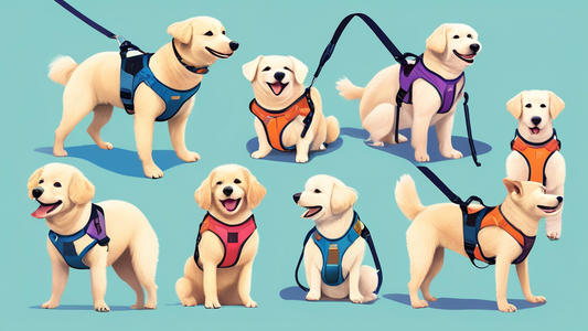 Create an image of a happy, elderly dog with supportive rear lift harness, showing different types of harnesses available and their features. The background should be a cozy, pet-friendly home with so