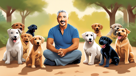 Create an image of Cesar Millan in a serene outdoor setting, surrounded by playful, well-behaved puppies. Show Cesar gently guiding the puppies through various training exercises, using positive reinf