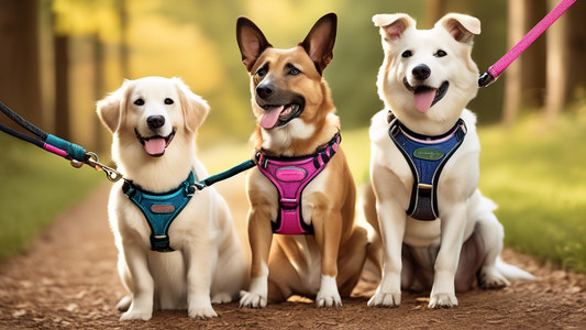 Create an image of a variety of stylish and durable top rope dog leashes displayed in an outdoor setting. Show dogs of different breeds happily wearing these vibrant, sturdy leashes, with scenic backg