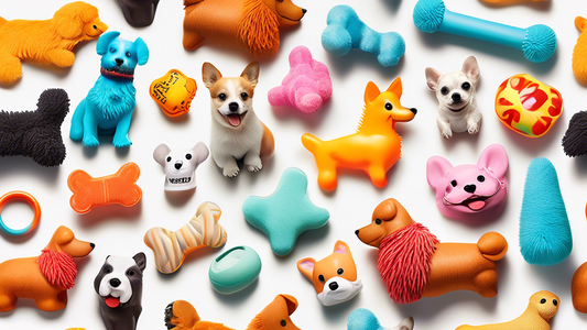 A vibrant, high-resolution image featuring a variety of colorful and engaging chew toys specifically designed for small dogs. Include playful, happy small dog breeds like Pomeranians, Dachshunds, and 