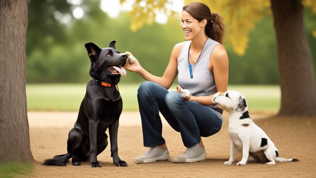 Create an image depicting a friendly, experienced dog trainer from the Humane Society working with a variety of dog breeds. The scene should include engaging, positive reinforcement techniques such as