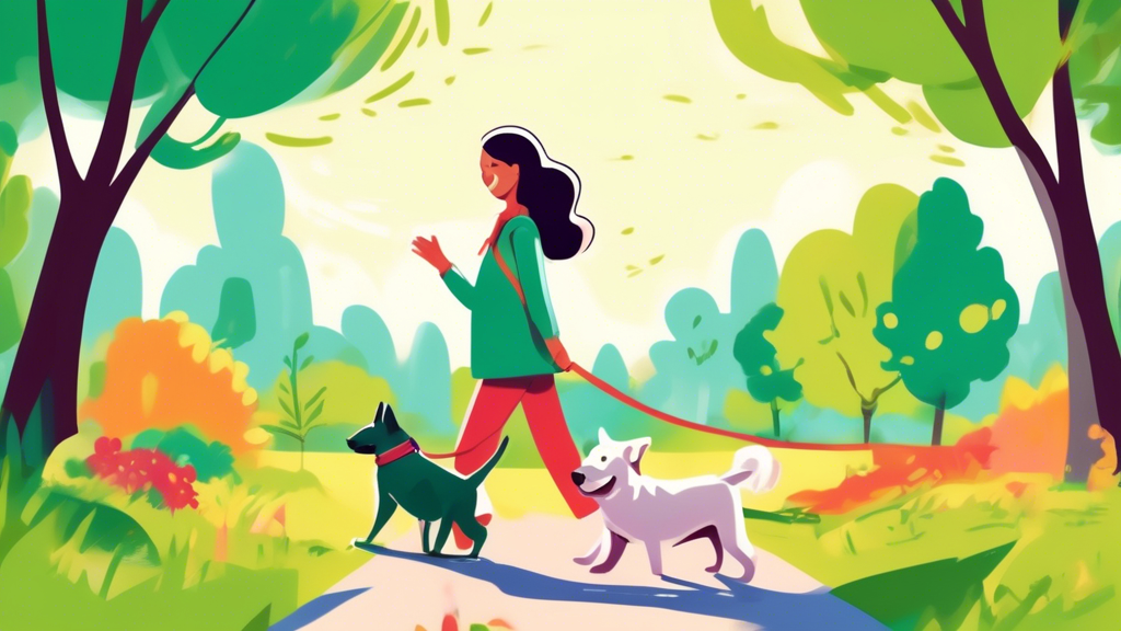 Illustrate a happy dog on a walk in a lush, green park, attached to a vibrant, colorful Biothane dog leash being held by a smiling owner. Highlight the durability and flexibility of the leash, showing