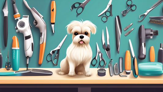 Create an image of a set of high-quality, professional dog clippers designed for thick coats, displayed on a well-organized grooming table. The background features a clean and stylish dog grooming sal
