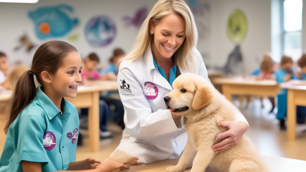 Create an image showcasing the transformative work of the Karen Pryor Academy in animal training. Feature a modern training facility with professional trainers using positive reinforcement techniques 