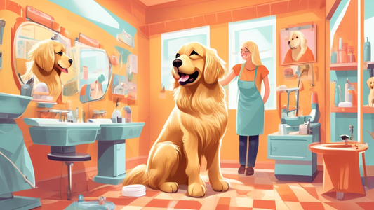 A detailed illustration of a friendly, bright grooming salon with a welcoming atmosphere. The scene shows a novice pet groomer carefully brushing a golden retriever's fur on a grooming table. Various 