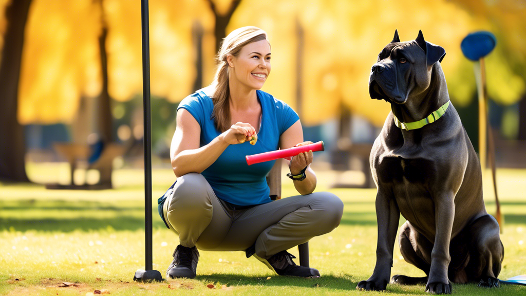 Create an image of a dedicated dog trainer working with a Cane Corso in a sunny park setting. The trainer is holding a treat, and the Cane Corso is sitting attentively, looking up at the trainer. In t