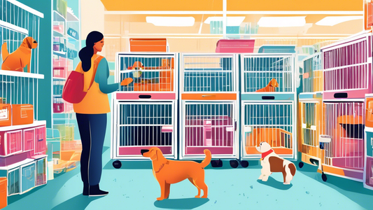 A detailed image showcasing a variety of extra large wire dog crates in a pet store, with a friendly store assistant demonstrating the features of each crate to a thoughtful dog owner and their large,
