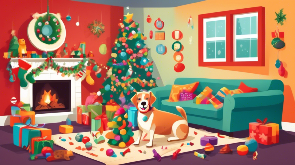 A cozy Christmas living room filled with festive decorations, a beautifully adorned Christmas tree, and a cheerful dog surrounded by an assortment of colorful, fun dog toys including chew bones, squea
