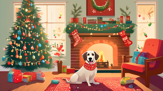 A joyous scene in a cozy living room decorated for the holidays, featuring a happy dog wearing a festive bandana, surrounded by a variety of colorful, holiday-themed Benebone dog chew toys. The Christ