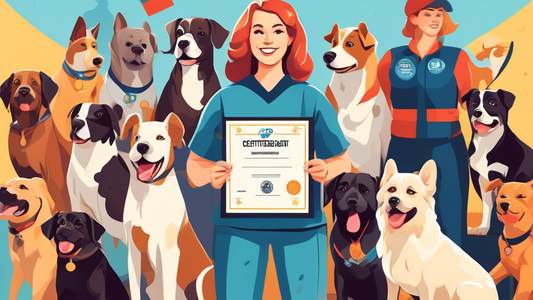 Create an illustration of a professional dog trainer proudly holding a CCPDT certification certificate, surrounded by happy, well-trained dogs of various breeds performing different obedience commands