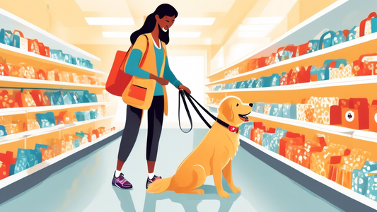 Create an image of a friendly store employee at Target helping a happy customer choose the best dog harness for their adorable, energetic golden retriever. The scene should include a well-organized pe