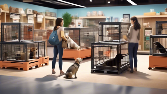 Create a detailed and realistic image of various high-quality pet porter dog crates arranged in a pet store. The scene should include different sizes and styles of dog crates, with labels and tags sho