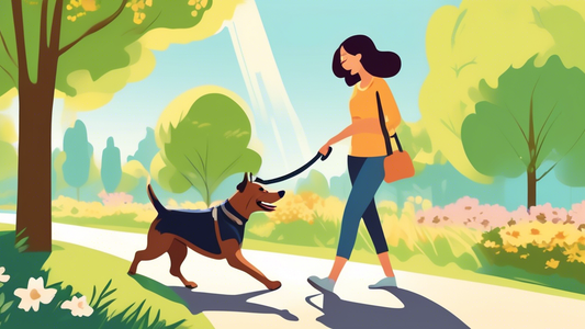 Create an image of a cheerful dog owner training their dog to walk on a loose leash in a sunny park. The dog is a medium-sized breed, attentively walking beside the owner without pulling the leash. Th