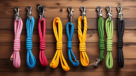 Create an image of a variety of colorful, high-quality rope dog leashes displayed neatly on a wooden surface. Each leash showcases different handles, clips, and styles suitable for various dog sizes a