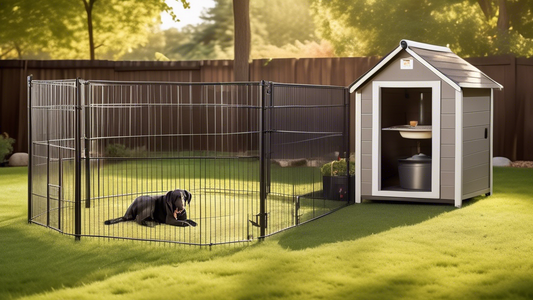 A high-quality, spacious dog pen in a backyard setting, designed for extra-large breeds. The pen features sturdy fencing, secure latches, ample shade, and soft ground cover for comfort. Inside, a happ