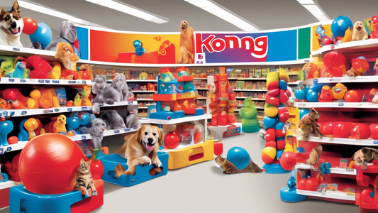 Create an image of a happy dog and cat playing with vibrant, high-quality KONG toys in a well-organized PetSmart store aisle. Include a variety of KONG toys on the shelves, with colorful signage and b